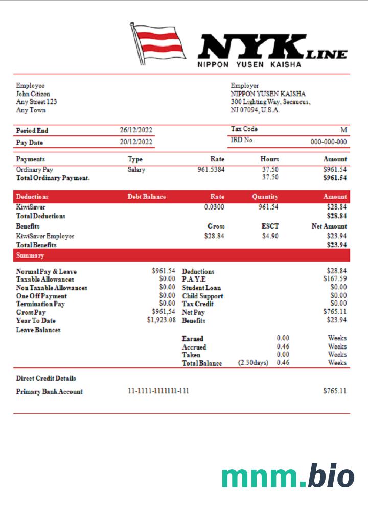USA NIPPON Yusen KAISHA shipping company pay stub